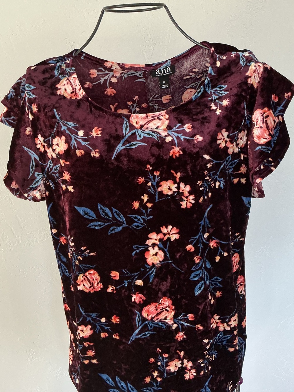 a.n.a Burgundy Velvet Floral Flutter Sleeve Tee